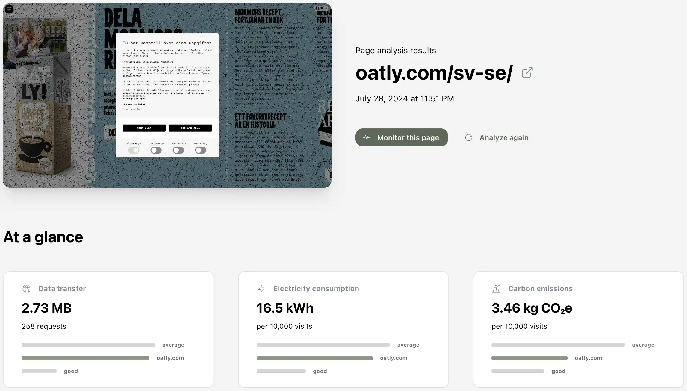 Screenshot of Merely Emissions platform showing carbon emissions analysis and optimization suggestions for oatly.com/sv-se.